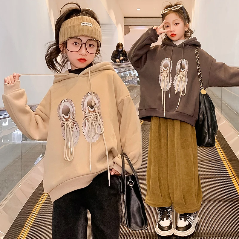 

Girls' autumn winter sweater 2022 new girls' hooded shoes sweater plush top large children's loose thickened hooded coat