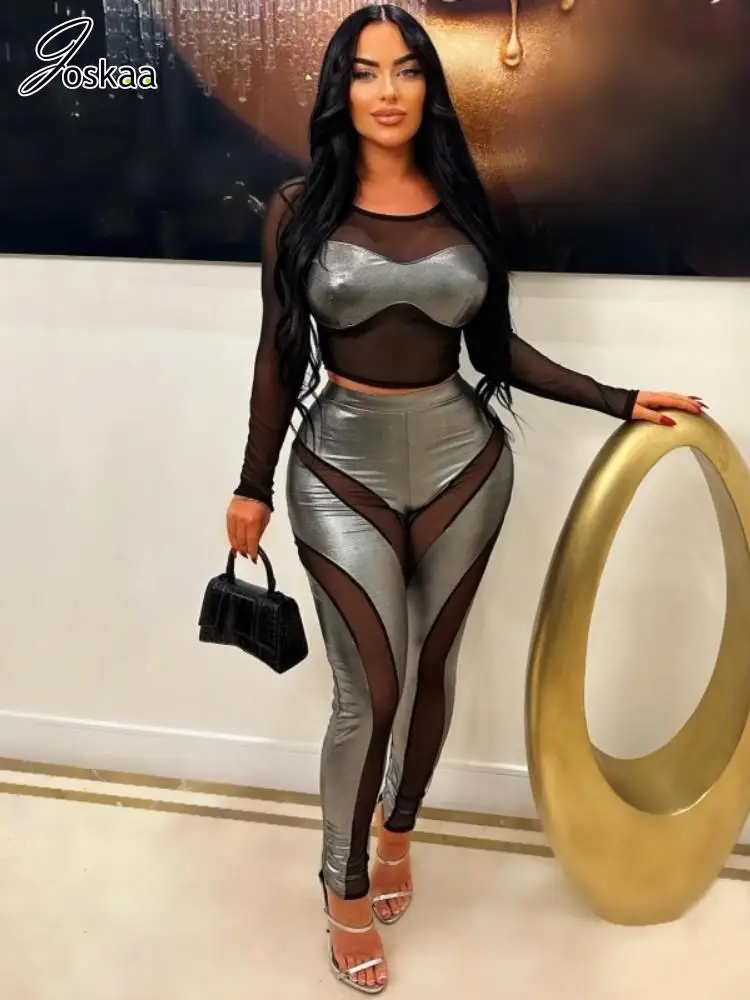 

Женский сетчатый комплект из двух предметов Joskaa, сексуальный укороченный топ с длинными рукавами и узкие брюки с высокой талией, осенний спортивный костюм 2023