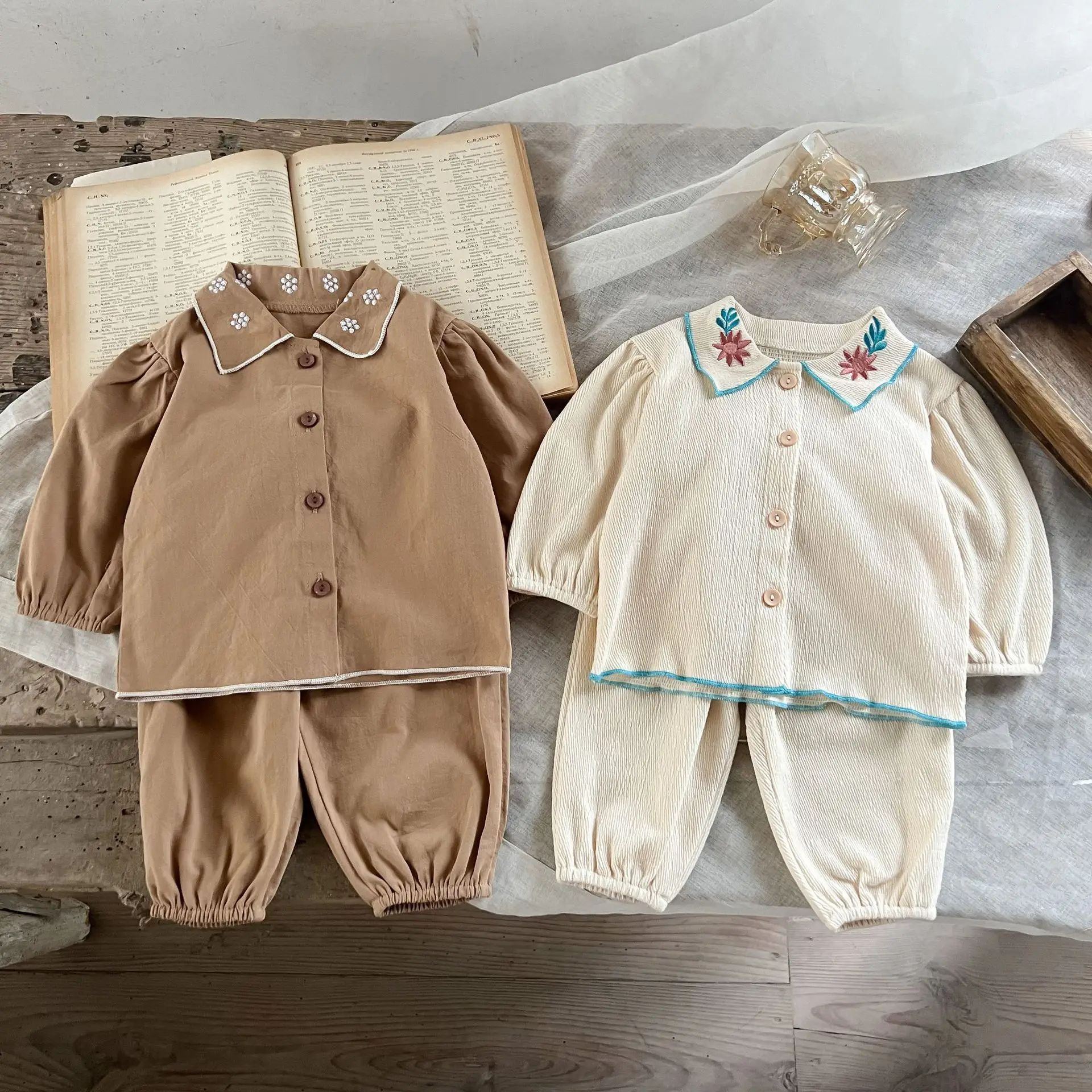 

4398C Baby Clothing Set 2023 Spring New Embroidered Turn Down Collar Girl's Two Piece Suit Top+ Pants Casual Kid's Suit