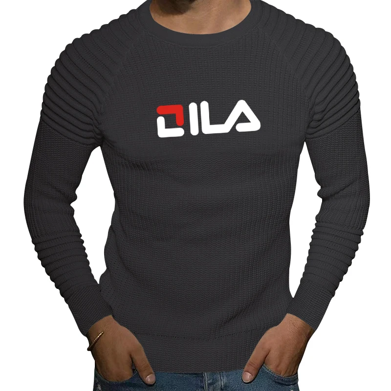 Autumn/Winter New Men's Crewneck Sweater Top Men's Slim-fit Top Solid Stitched Shoulder Pleated Bottom Shirt Casual Knit Sweater