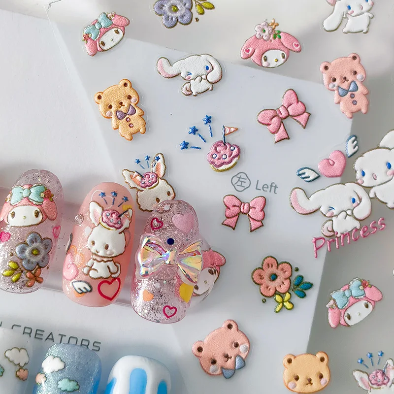 

Sanrio Stickers Cartoon Relief Handmade Nail Sticker DIY Melody Cinnamoroll Agnail Decoration Adhesive Nails Slider Accessories