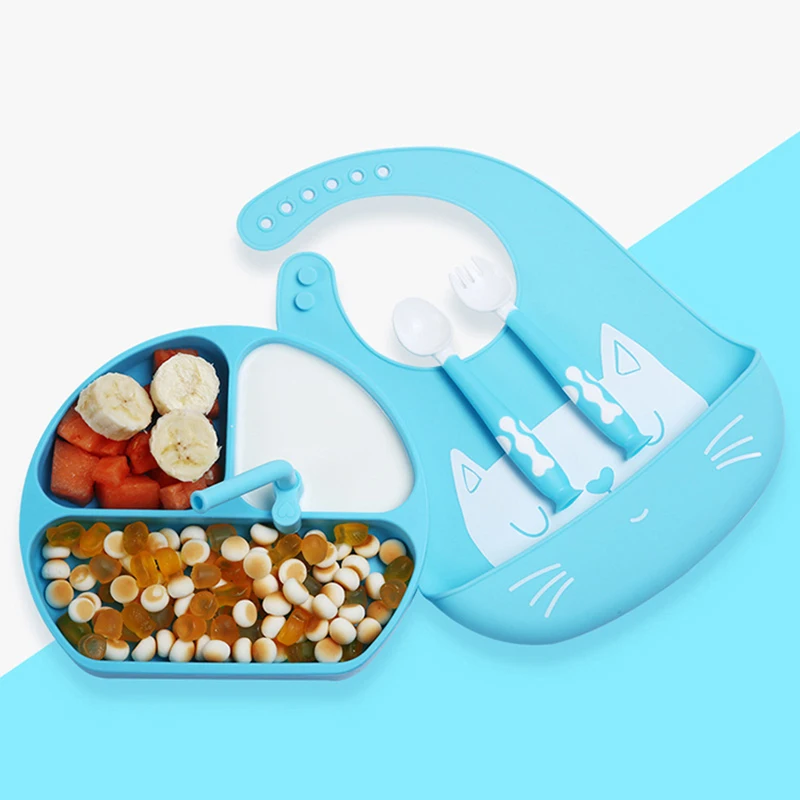 Silicone Dinner Plate Suction Cup Integrated Children's Tableware Baby Food Supplement Bowl Baby Bib Fork Spoon Set