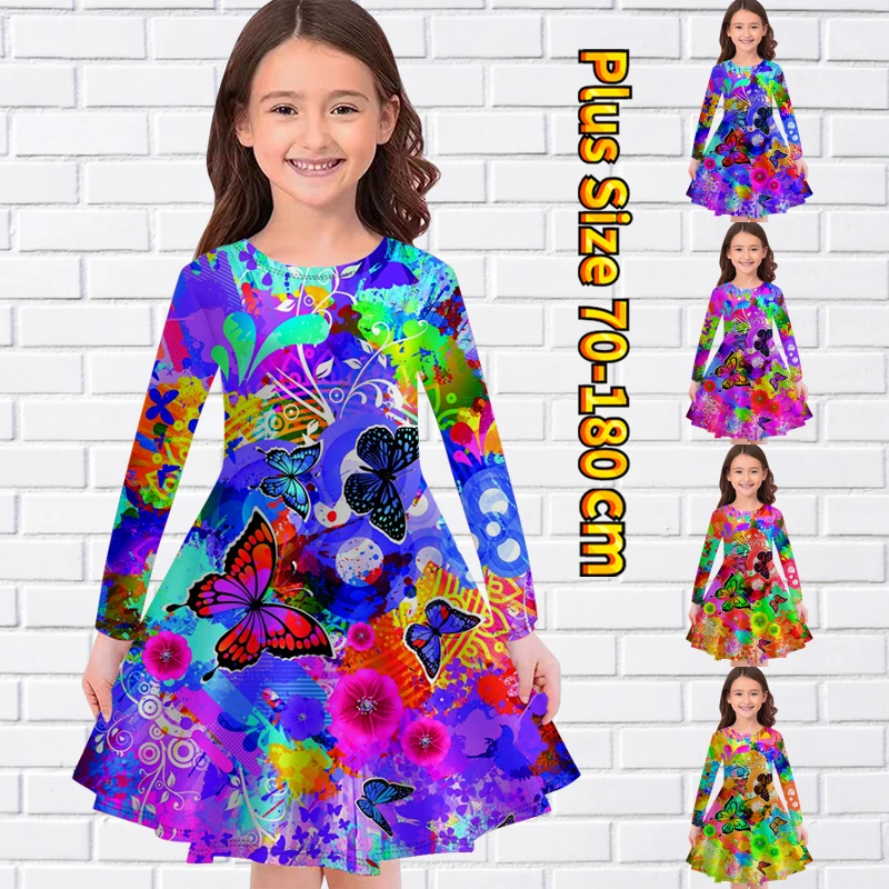 

2022 юбка с длинным рукавом и принтом бабочек для маленьких девочек, юбка миди с круглым вырезом, юбка принцессы, зимняя трендовая Юбка До Колена Для Девочек