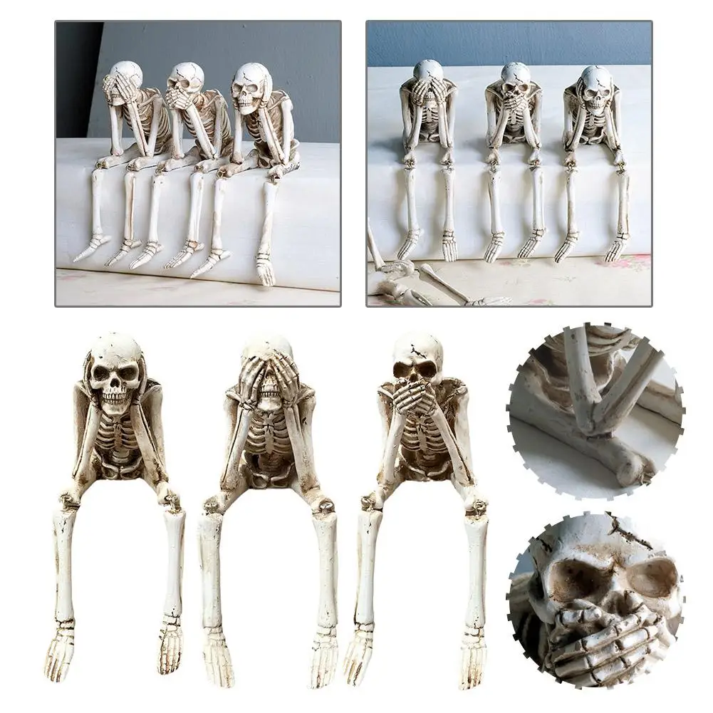 

See Speak Hear No Evil Skeleton Figurines Halloween Horror Skull Party Home Realistic Bar Props Haunted Decorations House I1J3