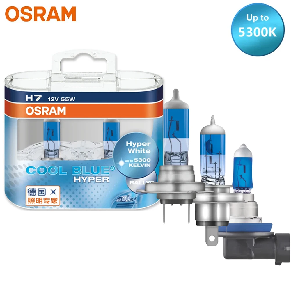 Фото OSRAM Cool Blue Hyper H7 H4 H11 H1 Автомобильная галогенная фара HB3 9005 HB4 9006 5300K Hi/Lo Beam 12 В 55 Вт + 50% ярко-белая лампа, пара №1