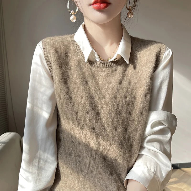 Качественный кашемировый жилет из чистой шерсти Женский Свободный с круглым