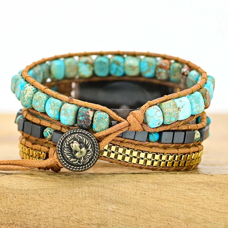Boho Handmade Turquoise Stone Bracelet Strap for Apple Watch Retro Mixed Natural Stones Jewelry Multi Wrap Bracelet Gift