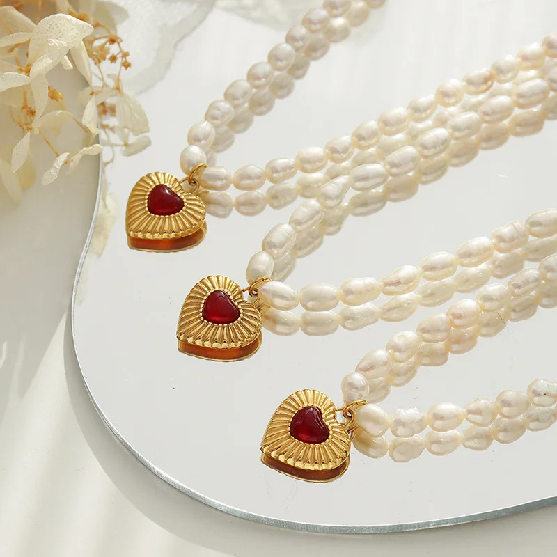 

Luxury Design Freshwater Pearl Necklace Heart Baroque Peach Heart Pendant Waterproof Collar Chain Party Retro Accessories