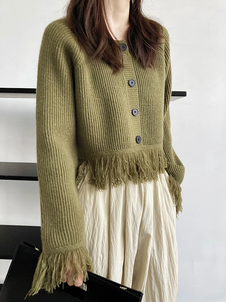 

Женский однобортный Кардиган с кисточками, однотонный короткий свитер с круглым вырезом, на осень-зиму, D2324