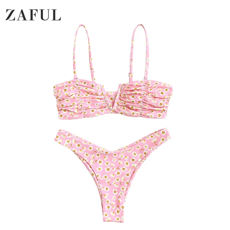 Женский купальник из двух предметов с V-образным вырезом и цветочным принтом -