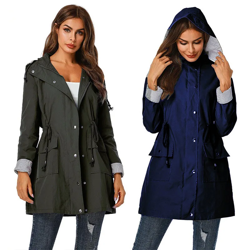 Women Trench Coat Casual Waist Drawstring Pockets Hooded Coat Waterproof Jacket Women's Streetwear Ladies Overcoat Coat