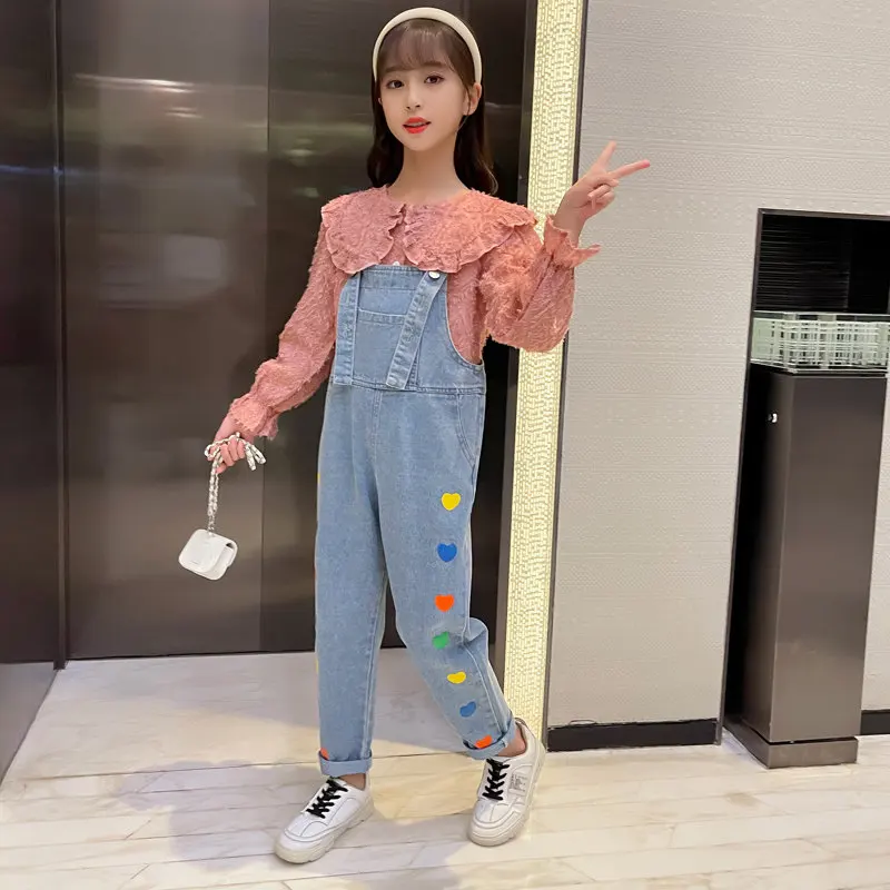 Teenage Girls Sets 2022 Spring Long Sleeve Blouses and Suspender Heart Print Children's Cute Suits Casual Loose Kids Tracksuits