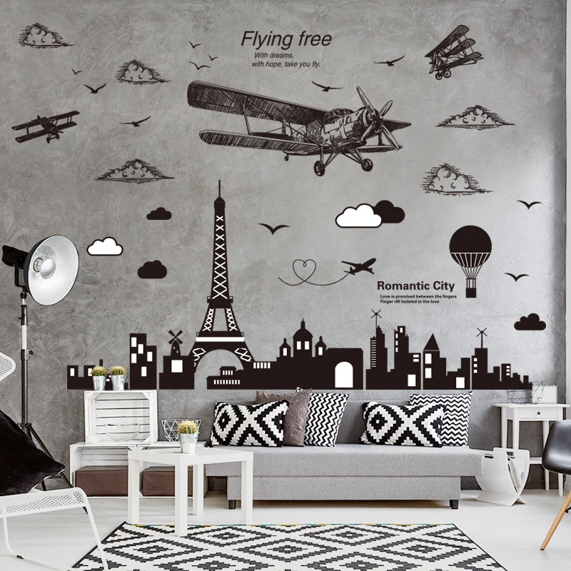 

Black Airplane Wall Sticker DIY Buildings Mural Decals for Living Room Teenager Bedroom Nursery Home Decoration Accessories