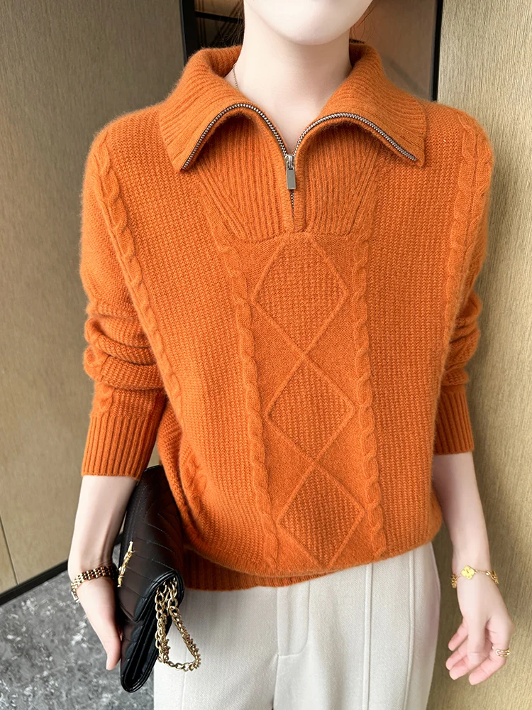 Утепленный кашемировый свитер Baby Hill в стиле ретро женский вязаный с полумолнией