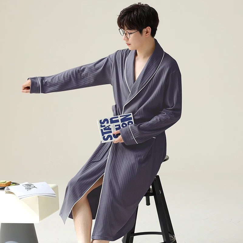 

Халат-кимоно мужской из мягкого хлопка, пижама с длинным рукавом, однотонный модный элегантный банный халат, темно-синий цвет, большие размеры 4XL, на лето