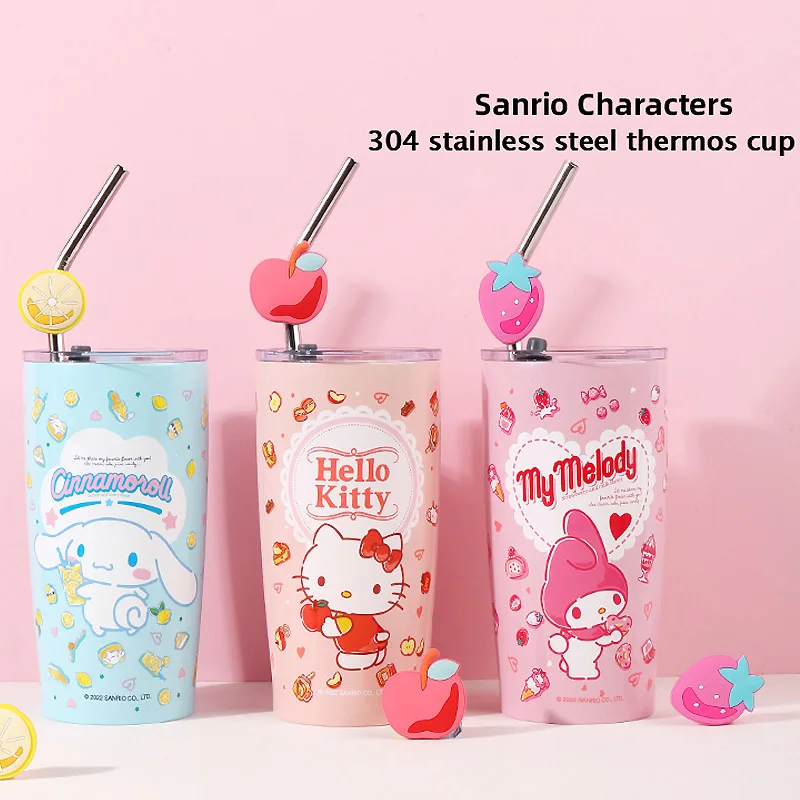 

Sanrios Kitty изоляционная стальная чашка Kawaii Melody Cinnamorol Питьевая соломка прямой напиток термос горячей или холодной 2022 новые подарки для девочек