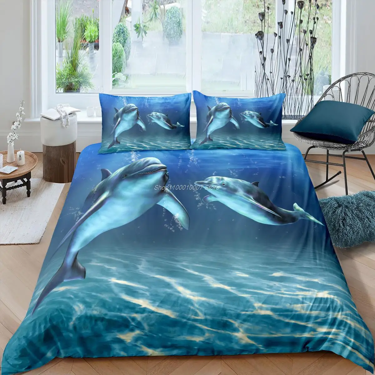 

Home Textiles Luxury 3D Dolphin Duvet Cover Set Pillowcase 2/3 Pcs Kids Bedding Set AU/EU/UK/US Queen and King Size Bedding