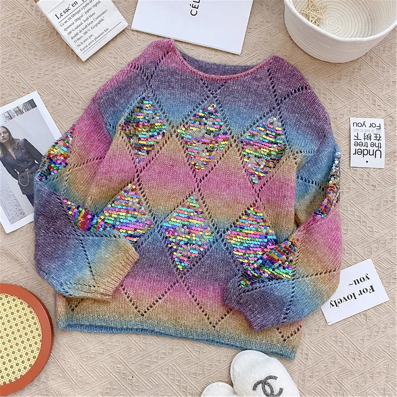

Rainbow Contrast Color Wool Sequined Sweater Women Patchwork Diamond Hollow Out Knit Pullover Women Loose O-Neck Knitwear H625