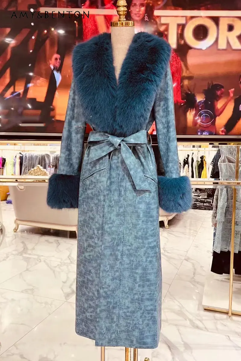 

Winter New Elegant Fashion High Sense Mature Chic Python Pattern Overcoat Temperament Long Sleeve Big Fur Collar Long Coat