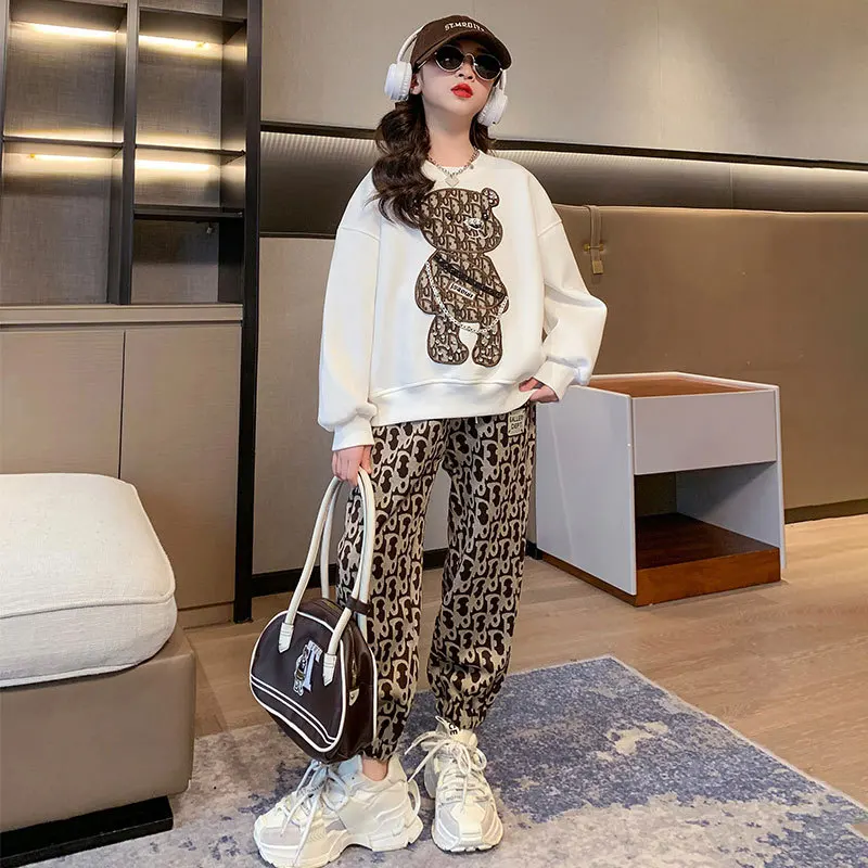 

8 10 Years Girls Cartoon Print 2 Piece Sets Outfits 2023 Spring Bear Sweatshirt Jogger Pants Teenage Girl Fashion Clothing