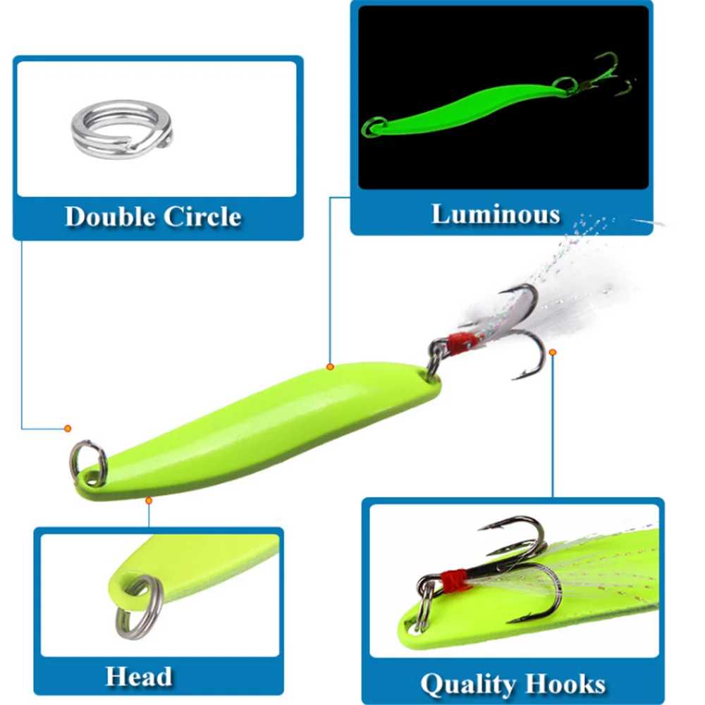

1Pcs Sequins Hard Bait Feather Hooks 5g 7g 10g 13g Luminous Metal Fishing Lure For Trolling Trout Spinner Spoon Bait Bass Pike