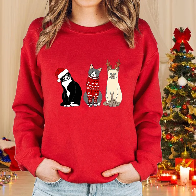 Christmas Cat Pattern Pullover Women's Fashion Casual Loose Sweater Cute Top