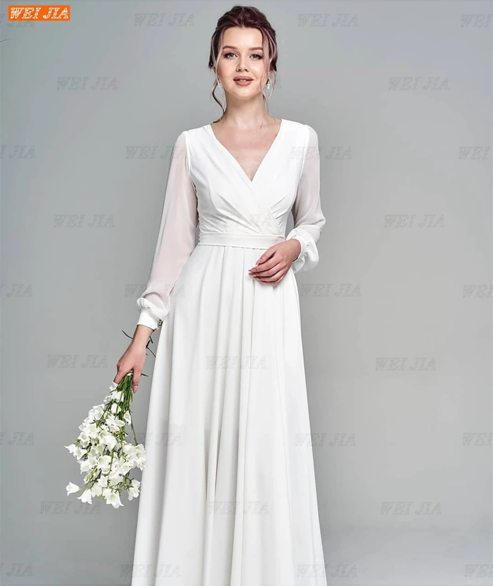 

Simple Long Sleeve Chiffon Wedding Dress 2021 Beach V-Neck Side Slit Floor Length Sashes For Bride Robe Zipper Cheap WEI JIA