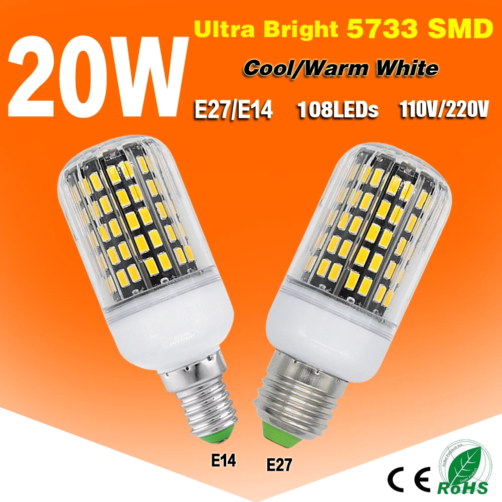 

Cool/Warm White E27/E14 Light Efficient 5733 LED Corn Bulb 20W High Bright 5733 LED Lampada 110V 220V Corn Bulb Lamp