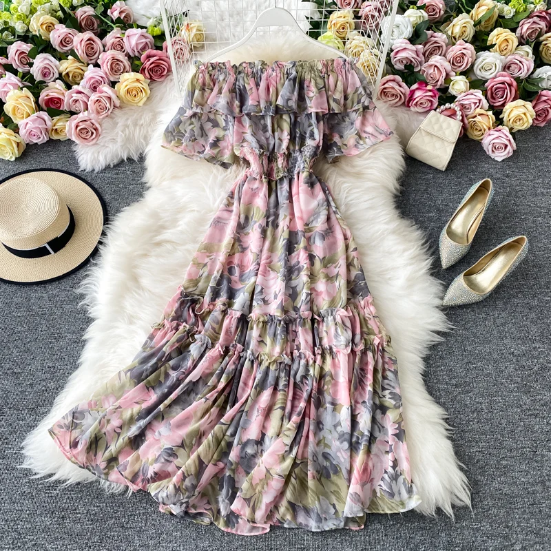 

Summer Vintage Print Dress Women Slash Neck Short Sleeve Off Shoulder A-Line Dresses Fashion Broken Flower Midi Sundress Z280