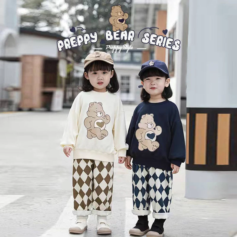 

Boys Girls College Style Bear Grid Print Sweater Spring Cute Contrast Color Tshirt+Pants Casual Pants Baby Children's 2Pcs Suits