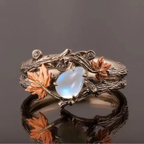 Женское кольцо с лунным камнем, винтажное ювелирное изделие в античном стиле с золотистыми листьями из кленового листа, свадебное Ювелирно...