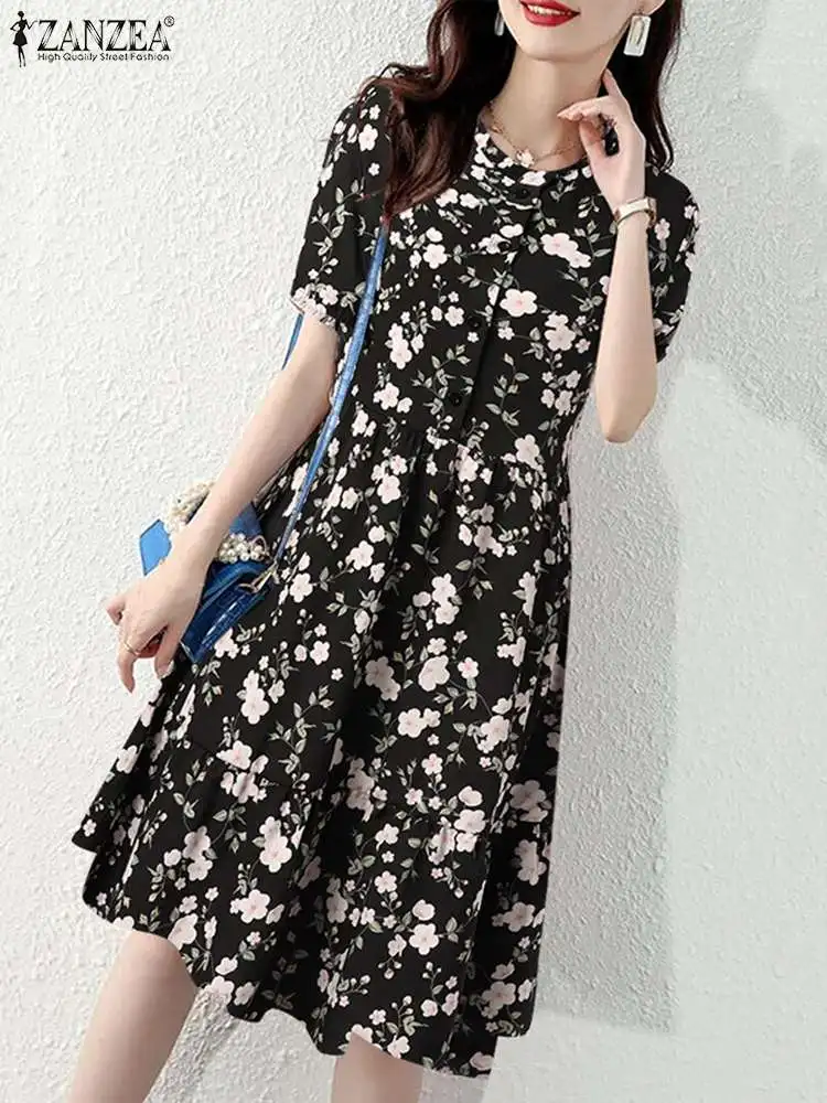 

Платье ZANZEA женское Плиссированное с цветочным принтом, длинное модное винтажное богемное на пуговицах с коротким рукавом и круглым вырезом