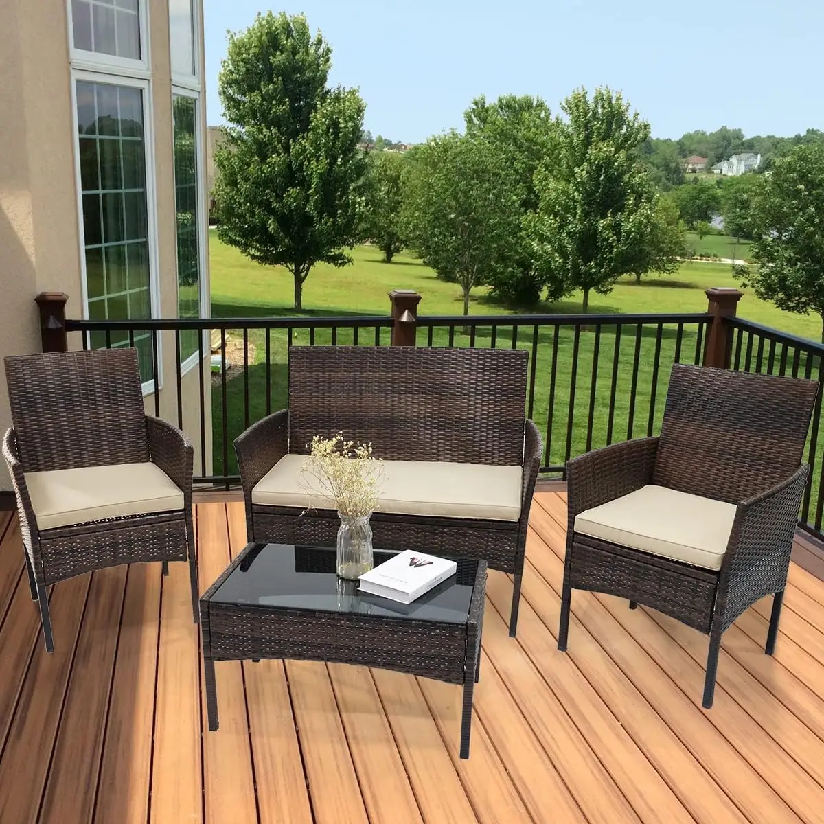 

Set, 4 Pieces Porch Backyard Garden Outdoor Furniture Rattan Chairs and Table Wicker Conversation Set with Beige Cushions Patio