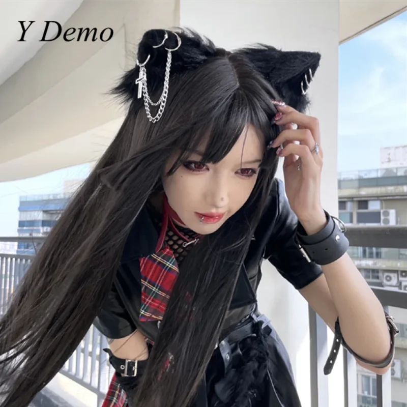 

Y Demo Harajuku готические кошачьи уши панк крест цепи зажим для волос для женщин милый ручной работы аксессуар