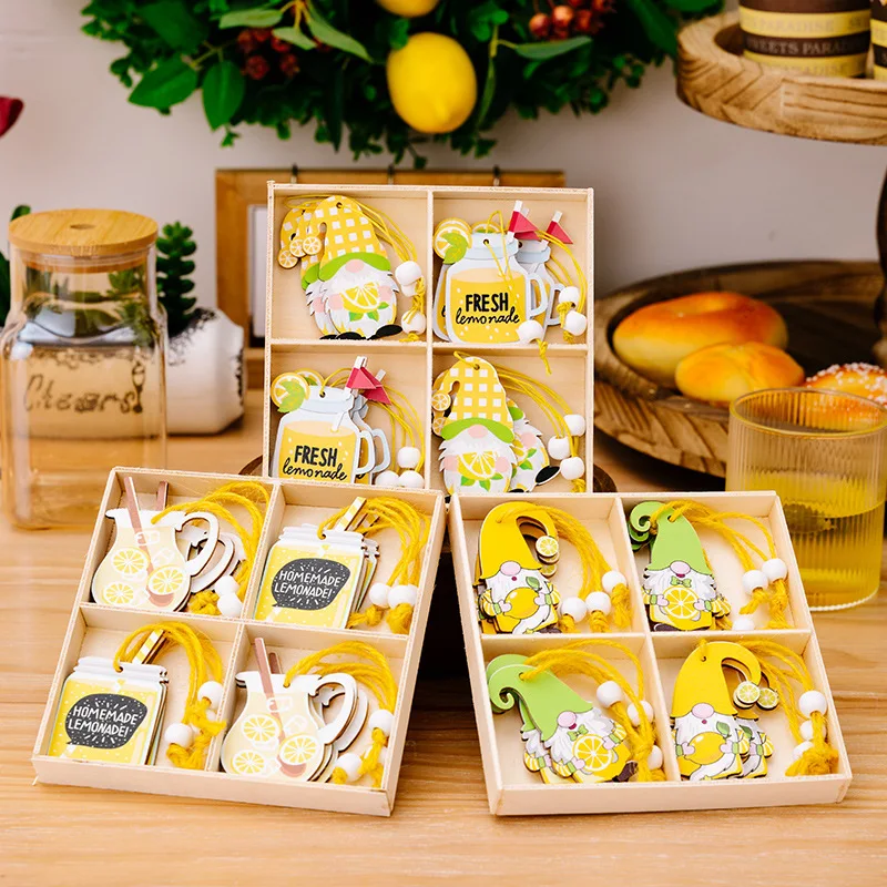 

Summer Decoration Lemon 4-compartment Boxed Wooden Pendant Summer Fruit Gnome Hanging Decoration