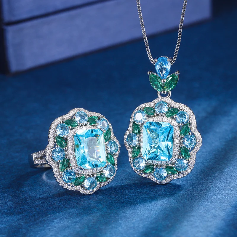 

brand genuine Luxury real jewels Gold plated copper bottom imitation Topaz blue jewelry set creative full diamond inlaid main st