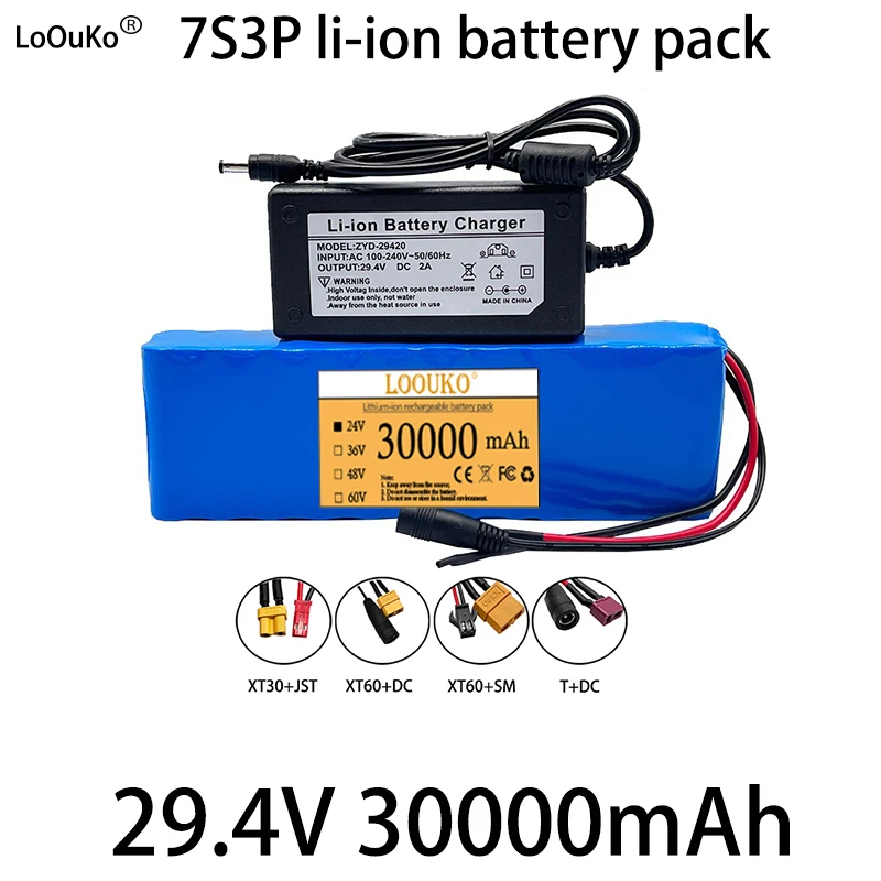 

Новинка 100%, аккумуляторная батарея LoOuKo 24 В, 30 А · ч, 7 В, 3p 18650, 29,4 в, 30000 мА · ч, подходит для электронного велосипеда Mopbook + зарядное устройство 2 А