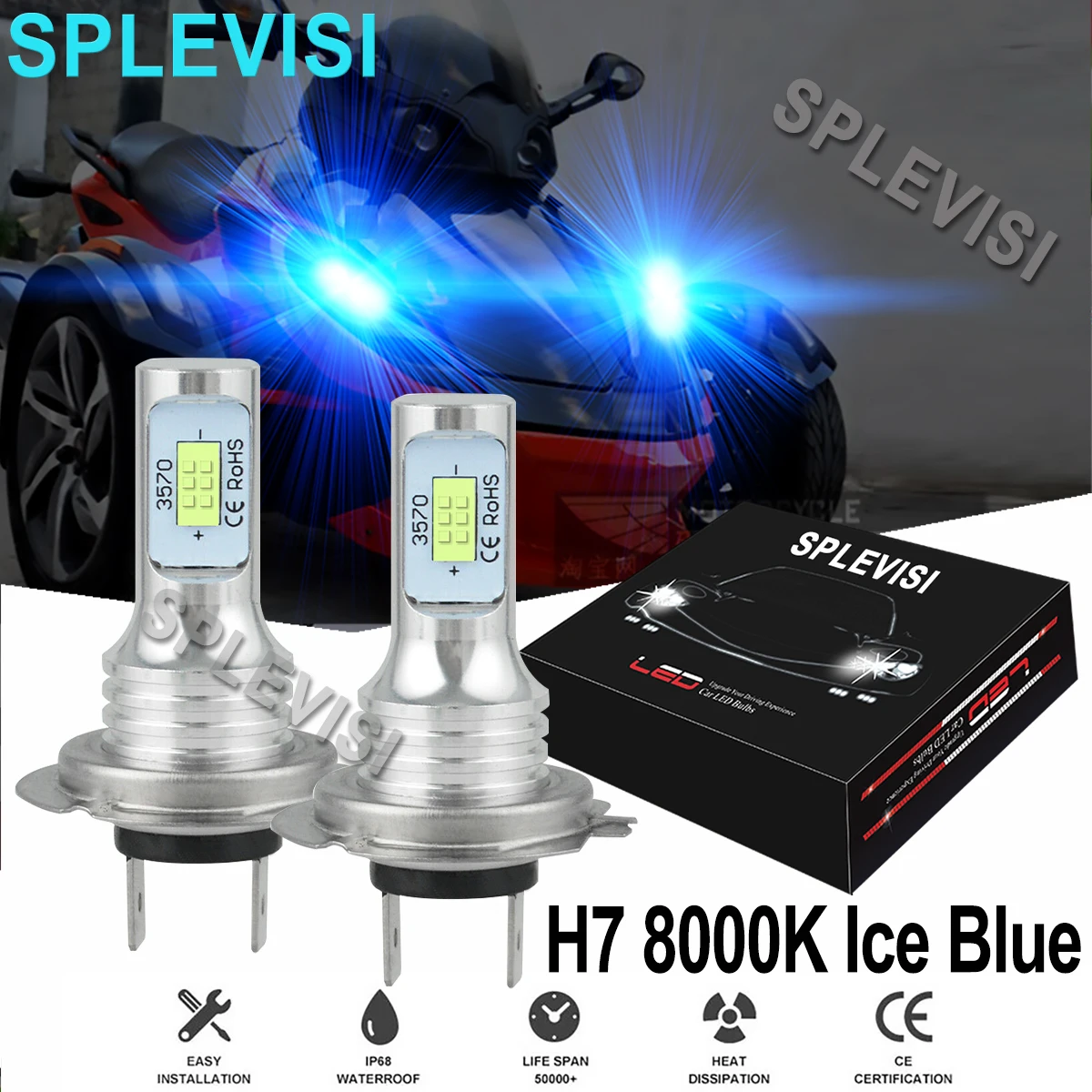 2x70W 8000K Ice Blue Motorcycle LED H7 Headlight Bulbs Kit  For Can-Am Spyder GS Roadster 990 RS-S Roadster  Luz Led Para Moto