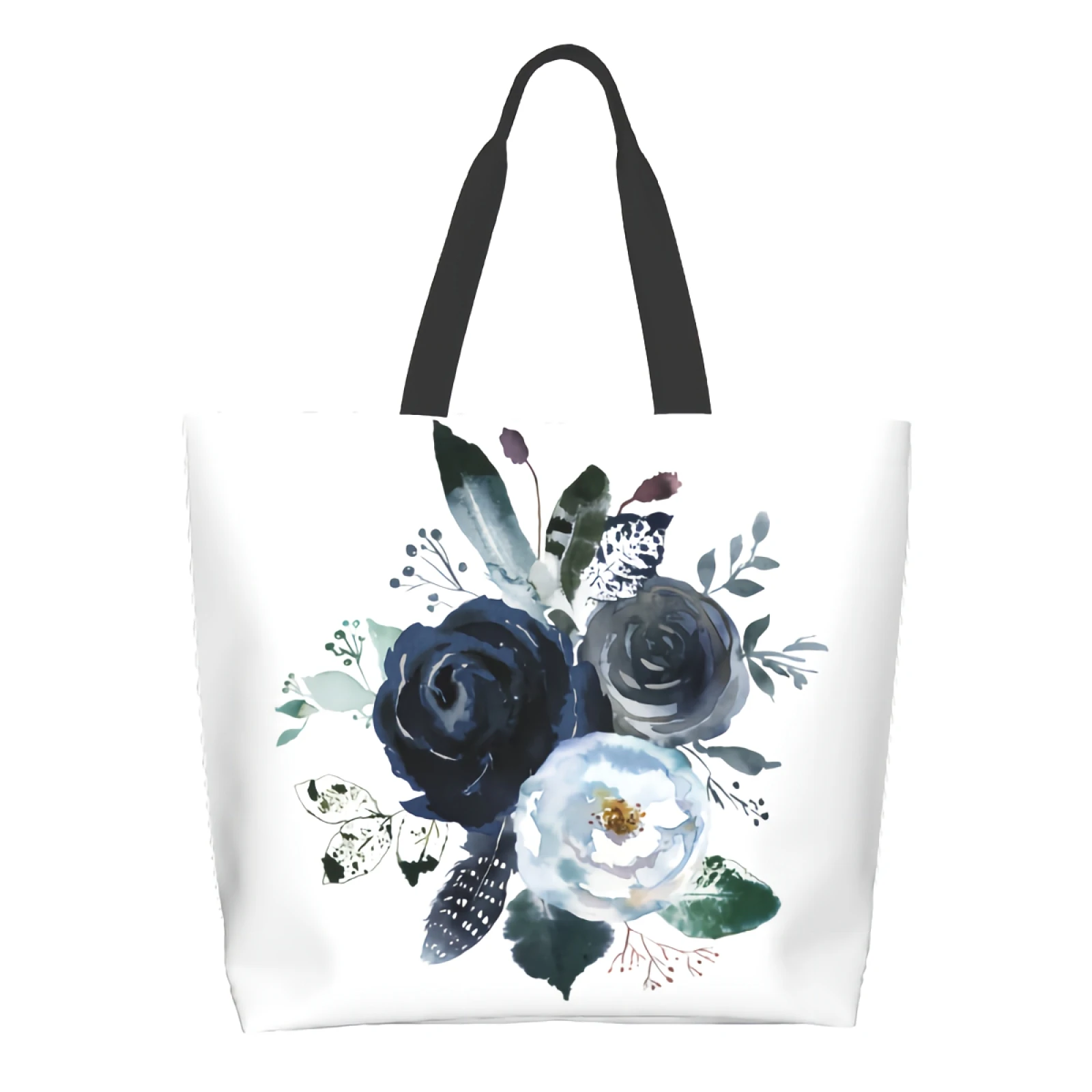 

Blue Navy Floral Boho Kitchen Reusable Grocery Bags Bulk Large Casual Shopping Shoulder Handbag Storage Inner Pocket Aesthetic