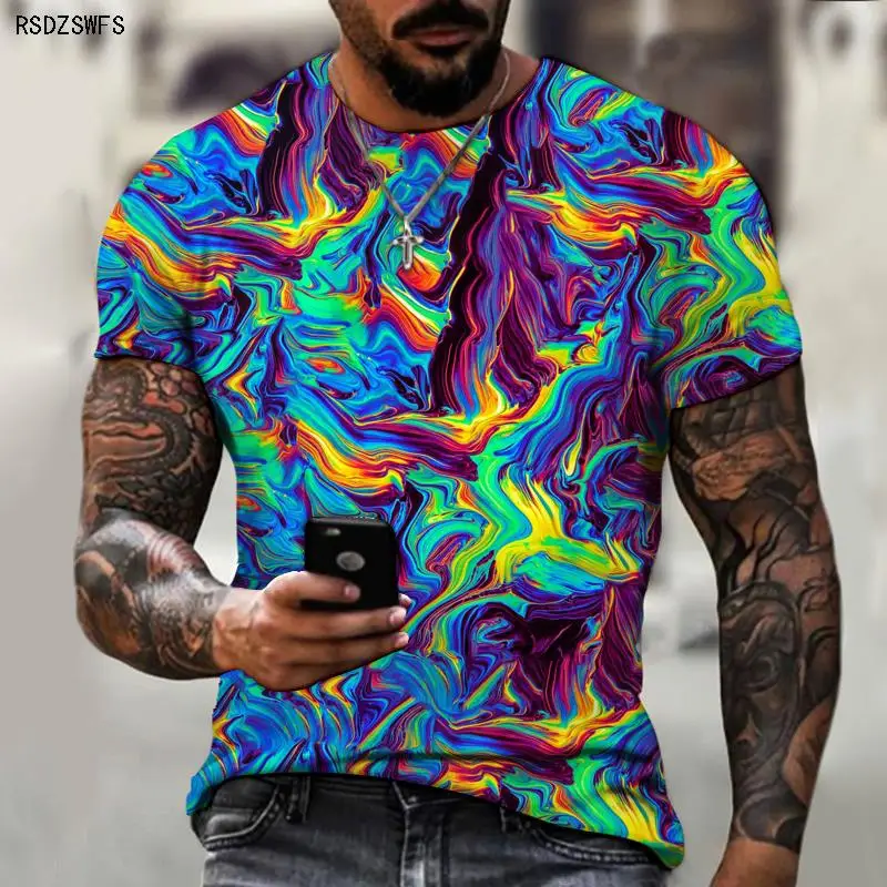 

European Design International 2022 Summer Men's 3D Art Retro Color Cool Print Harajuku Street Oversized T-shirt 5XL