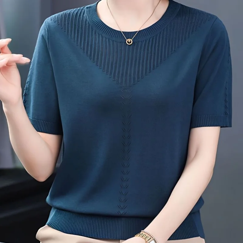 

Женская футболка с круглым вырезом и коротким рукавом, Новинка лета, тонкая трикотажная одежда для женщин среднего возраста, Свободный Топ из вискозы