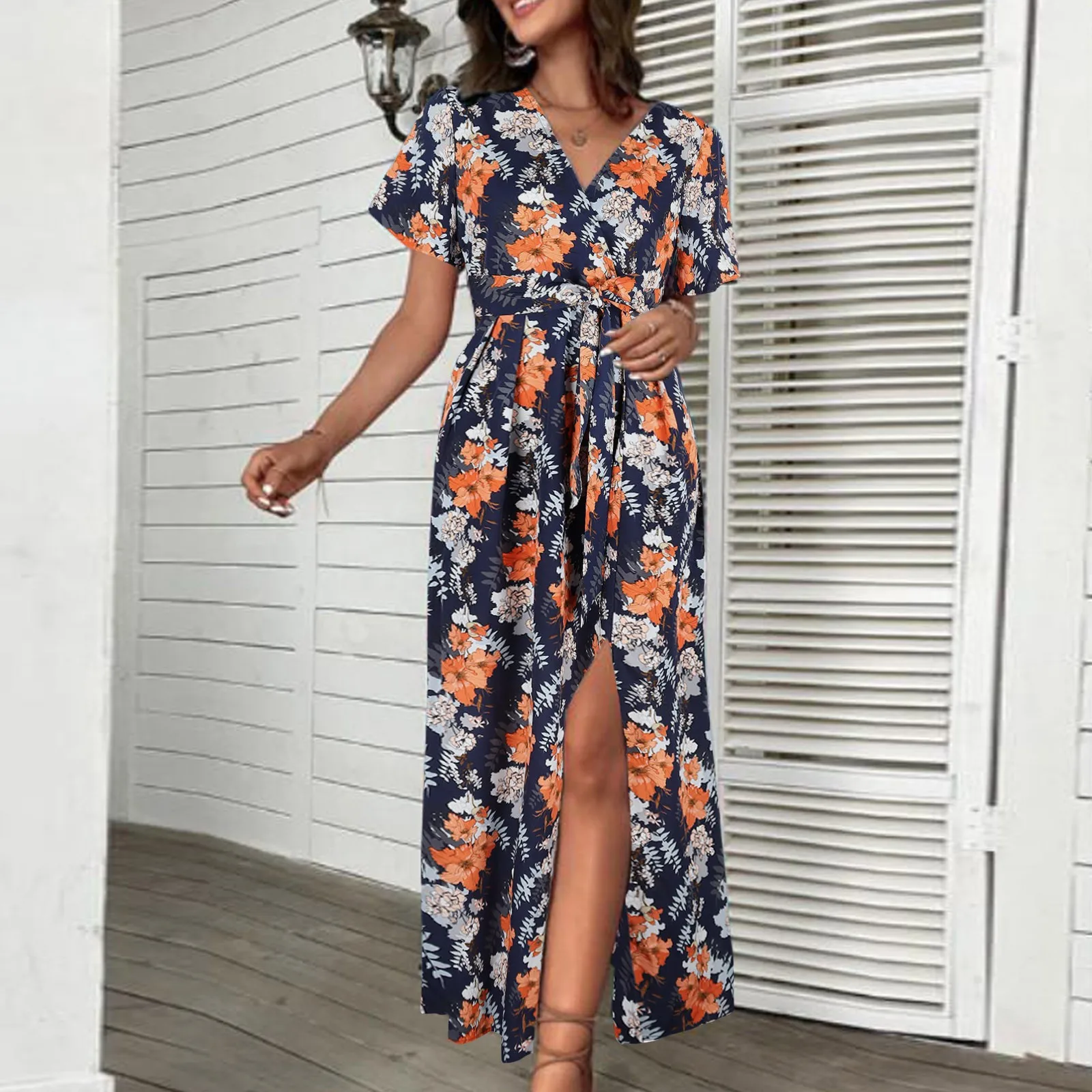 

Dress For Women Fashion V Neck Short Sleeve Floral Print Sling Dress Casual Stripe Summer Maxi Dress Midi Dresses with Pockets