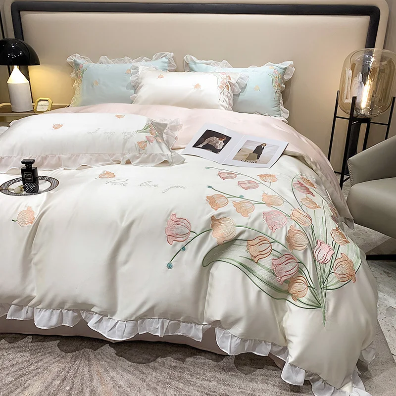 Smooth Soft Silky Lace Ruffles Princess Bedding Set Flower Embroidery Quilt Cover Set Bed Sheet Pillowcases Girl  Bedclothes