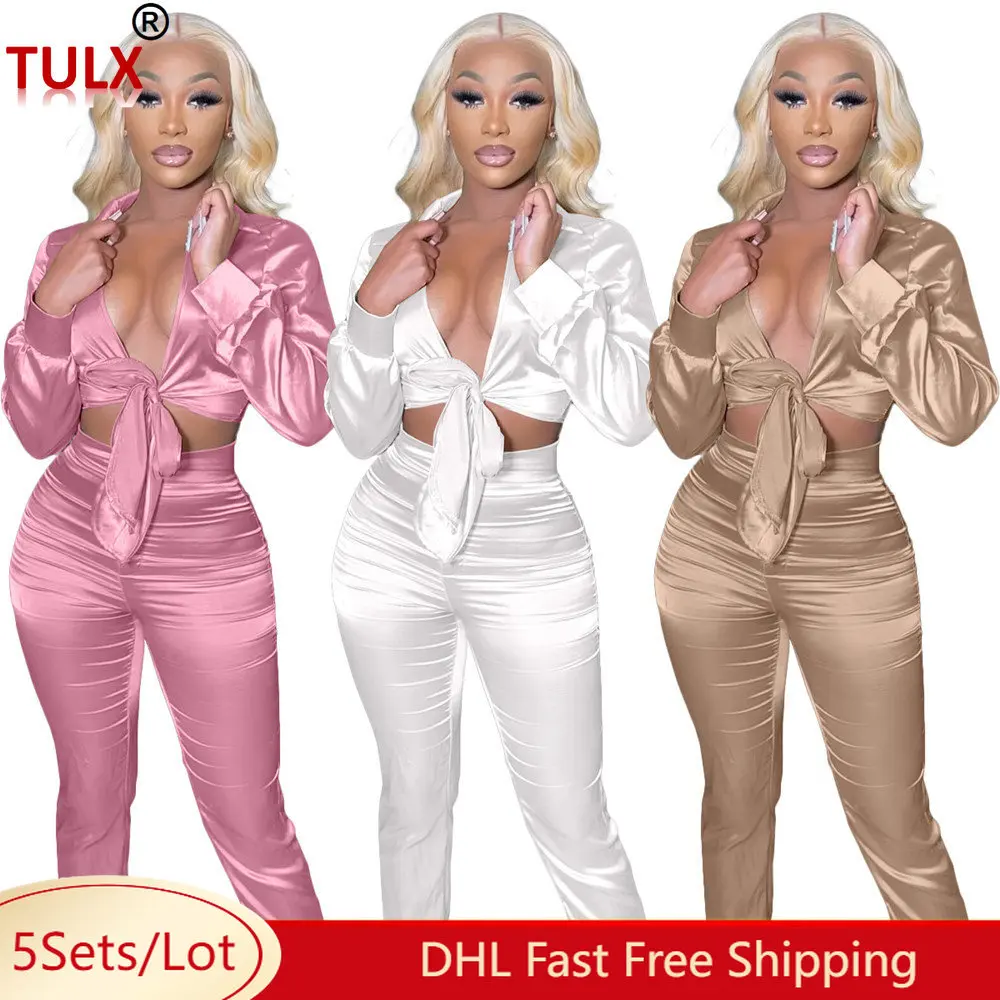 

5 Bulk Wholesale Fall Winter Clothes Women Outfits Long Sleeve Bandage Shirt Pants Two Piece Sets Matching Solid Tracksuits 8779