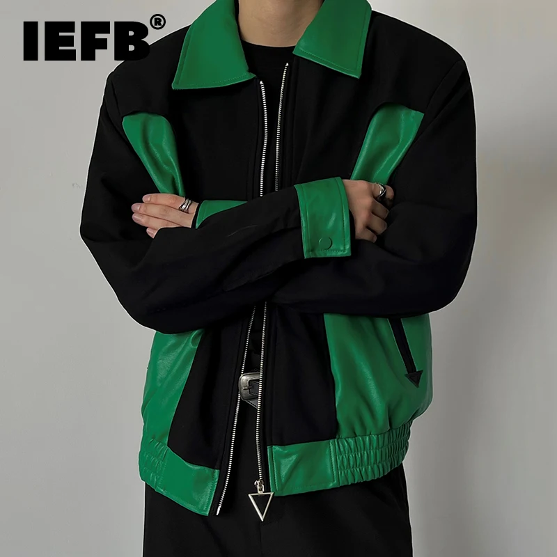 IEFB Korean Fashion Casual Loose Color Contrast PU Leather Coat Design Men Jacket Fashionable 2022 Lapel Zipper Male Tops 9A6015