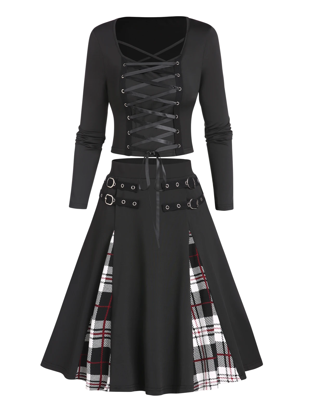 

Dressfo Autumn Dresses Lace Up Long Sleeve Crop Top And Buckle Straps Plaid Godet Skirt Gothic Outfit