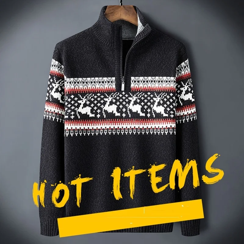 

High Neck zipper Warm Winter Turtleneck Pullover Men Christmas deer Long Sleeve Sweater Knitwear Pullovers Knitted