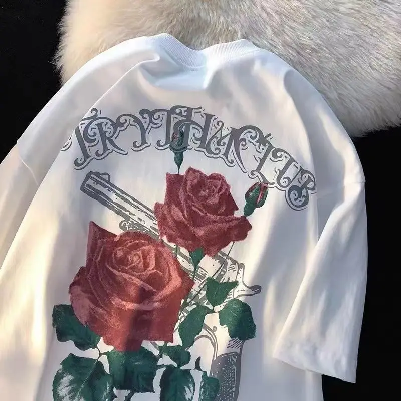

Rose Pistol Summer Short Sleeve Tshirt men and women 2023 Spring Crewneck loose hip hop half sleeve couple upper clothes 3XL