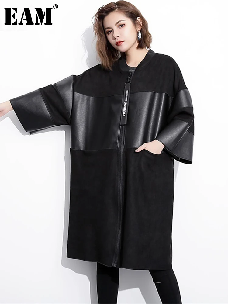 

Женская куртка из ПУ кожи EAM, черная Свободная куртка большого размера с воротником-стойкой и длинным рукавом, осень 2022