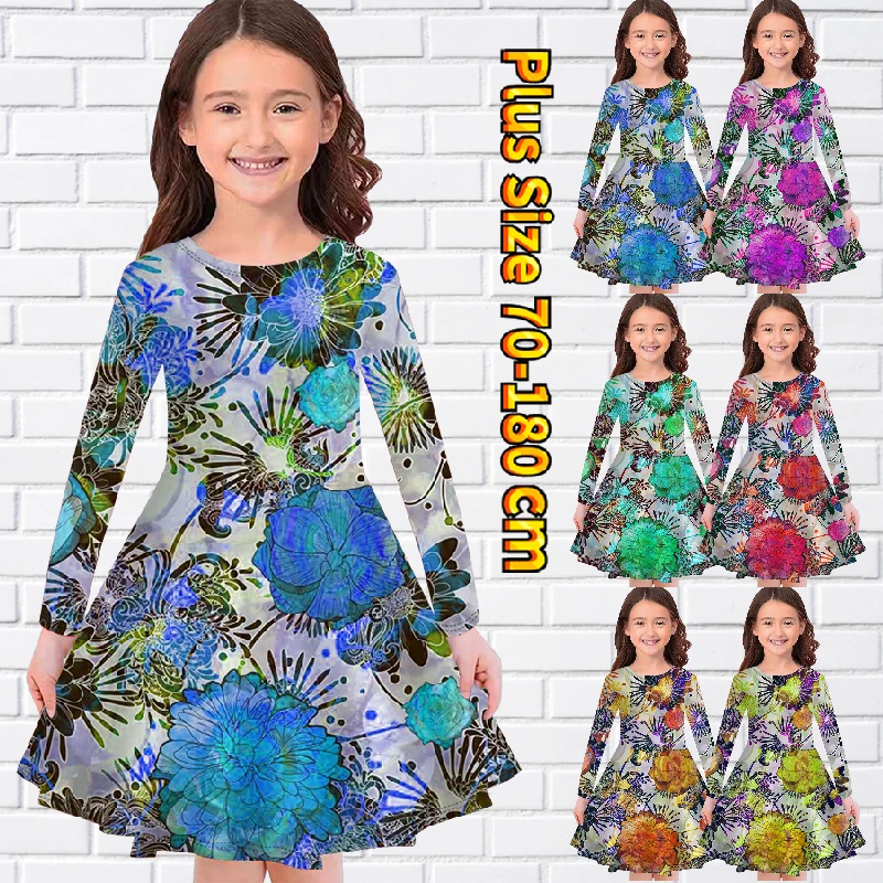 

Осень-зима 2022, Юбка До Колена с цветочным принтом, свободное платье для маленькой девочки, юбка с круглым вырезом и длинным рукавом, повседневная юбка миди